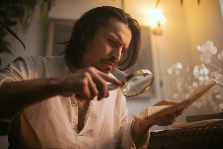 A man with facial hair examines a letter using a magnifying glass in a retro-themed interior.